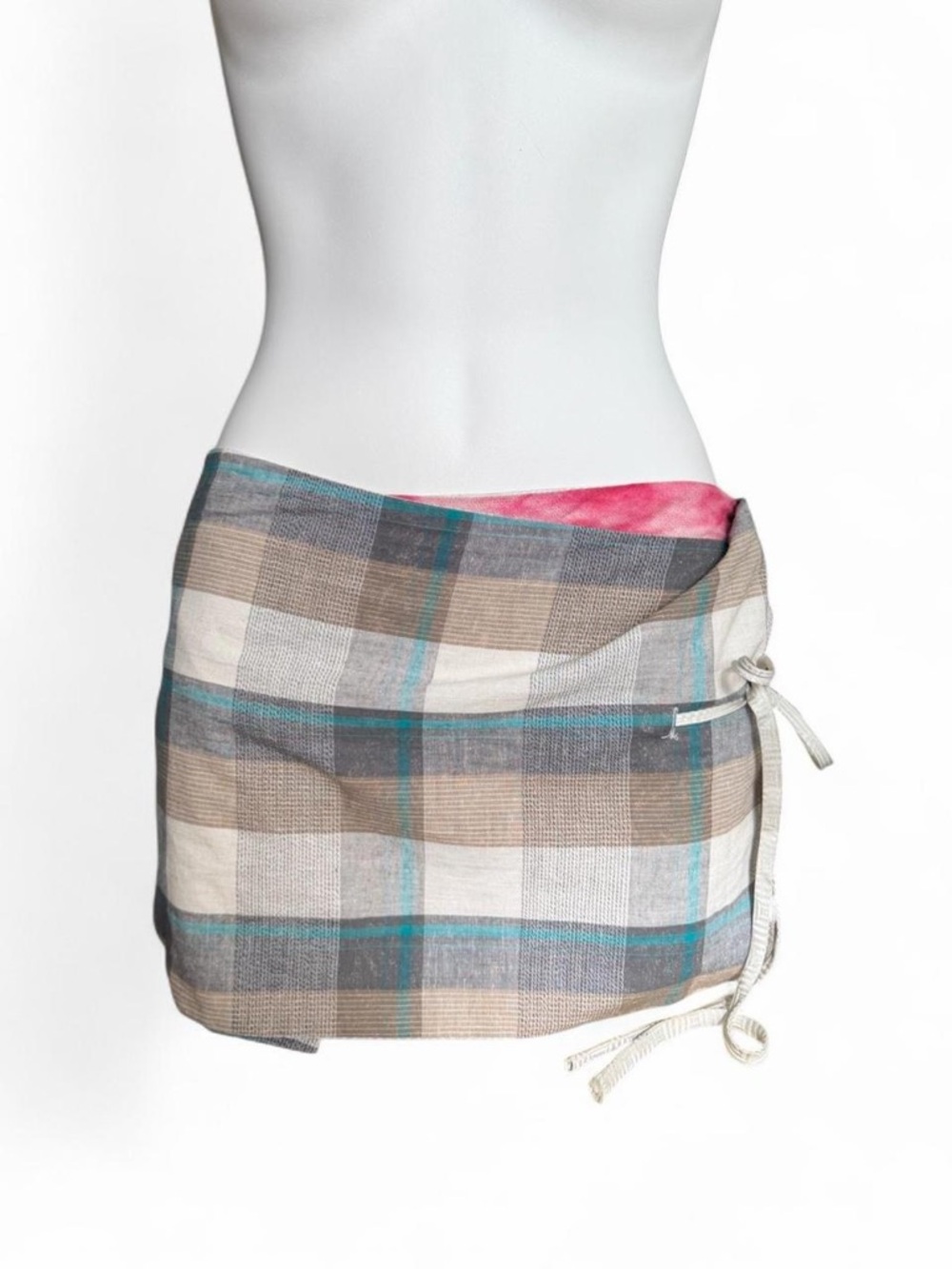 Plaid Wrap Mini Skirt in Beige, Teal & Pink Accent